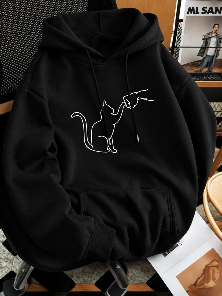 unisex Hoodie, Halloween, Cat And Hand Outline Graphic, Pullover Sweatshirt, Casual Streetwear Style, Autumn Winter Daily Wear, Front Pocket And Draws
