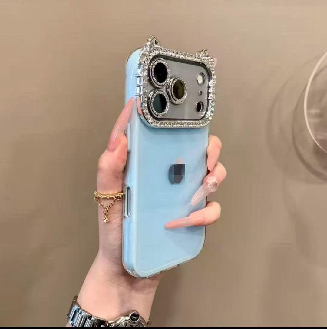 

iPhone 17 Pro Max Cat Ears Glitter Case with Rhinestones for 16 Pro & New 14 13 Pro Max синий
