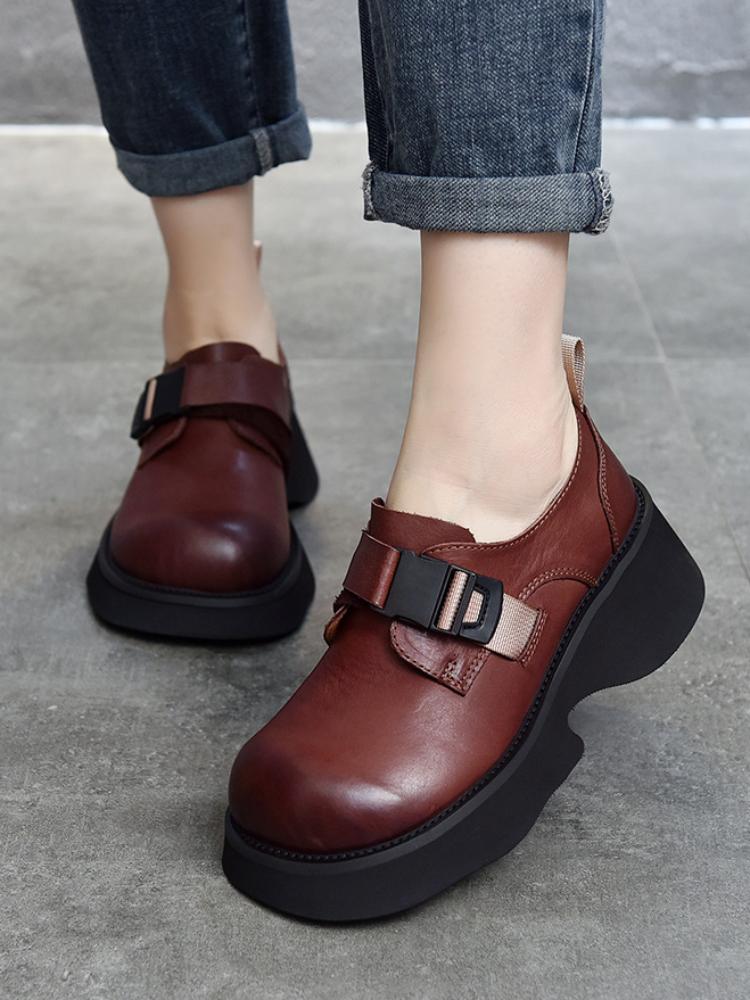 Johnature Dicke Sohlen-Pumps, leicht, echtes Leder, vielseitige Retro-Damen-Plateauschuhe mit runder Zehenpartie