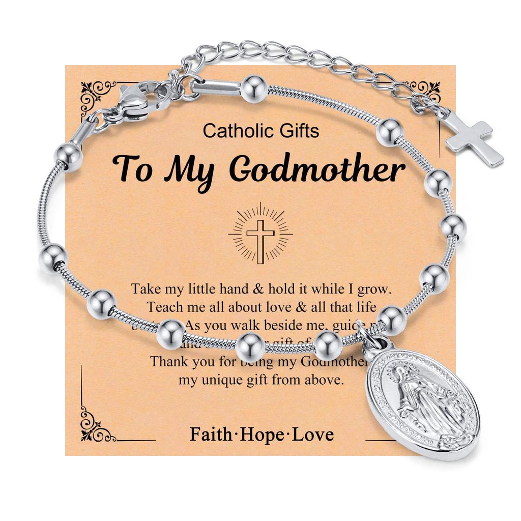 Vnox Rosary Bracelet with Easter Card, Gold Sliver Color Stainless Steel Religious Cross Virgin Mary Prayer Bracelets for Women