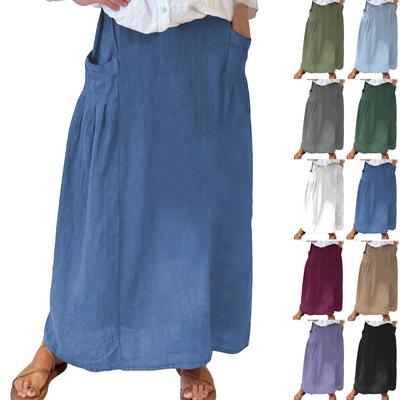 Women  Casual Loose Boho Elastic Waist A-Line Beach Flowy Swing Vacation Maxi Skirt With Pocket