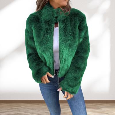 Winter Women Jacket Faux Fox Fur High Collar Cozy Jacket Zipper Closure Solid