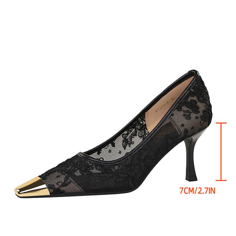 Mode Mode Métal Bout carré Dentelle Maille aérée Escarpins pour femmes Élégants Talons hauts fins Chaussures pour femme de bureau Printemps Automne Chaussures de soirée