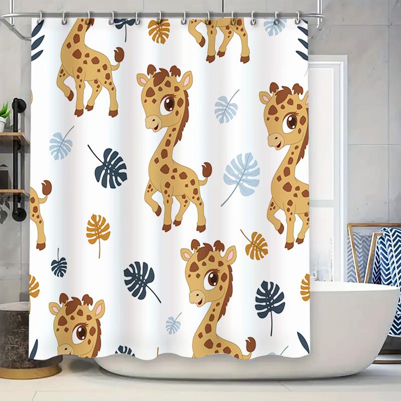 

Adorable Giraffe Shower Curtain For Kids Bathroom Decor White With Monstera Leaf Pattern In Blue Brown Colors! W60H190(CM)-1 Pcs