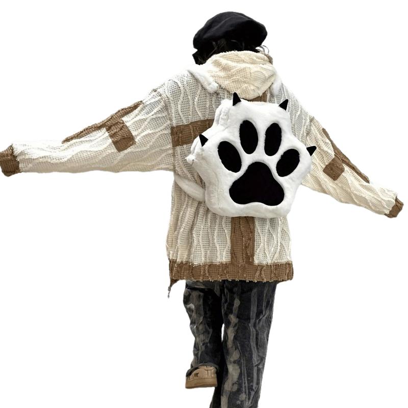 Cartoon Puppy Paw-Shaped Plush Large-Capacity Backpack,Featuring A Zip Closure Design,Stylish Faux Fur Leather Bag,Creative Trendy School Backpack