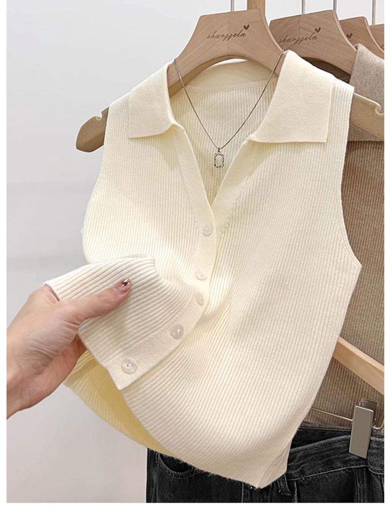 Women's Summer Chic Sleeveless Ice Silk Polo Collar Slim Fit Knit Camisole