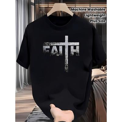 Europäische Größen Herren Faith Grafik-T-Shirt - Schwarz Religiöses T-Shirt Kurzarm Rundhals Oberteil für Spirituelle Geschenke, Komfort - Maschinenwaschbar