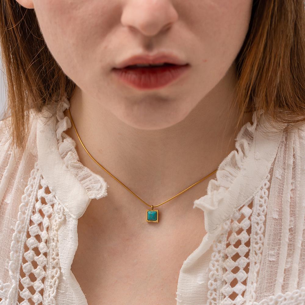 Geometric Style 18k Gold Stainless Steel Necklace With Blue Peacock Stone Trendy And Stylish