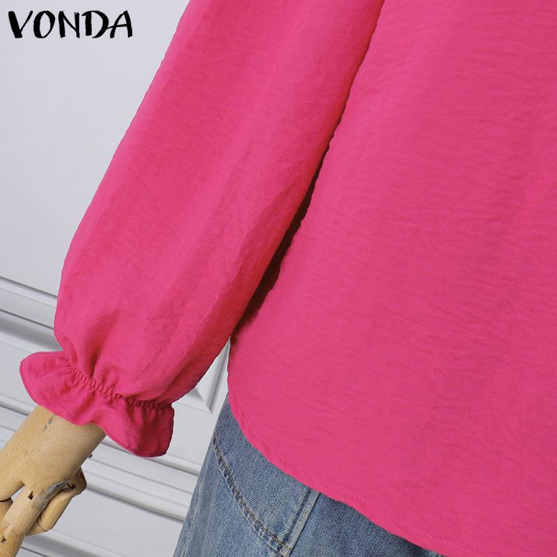 VONDA Women Casual Ruffled Round Neck Long Sleeve Solid Color Blouses