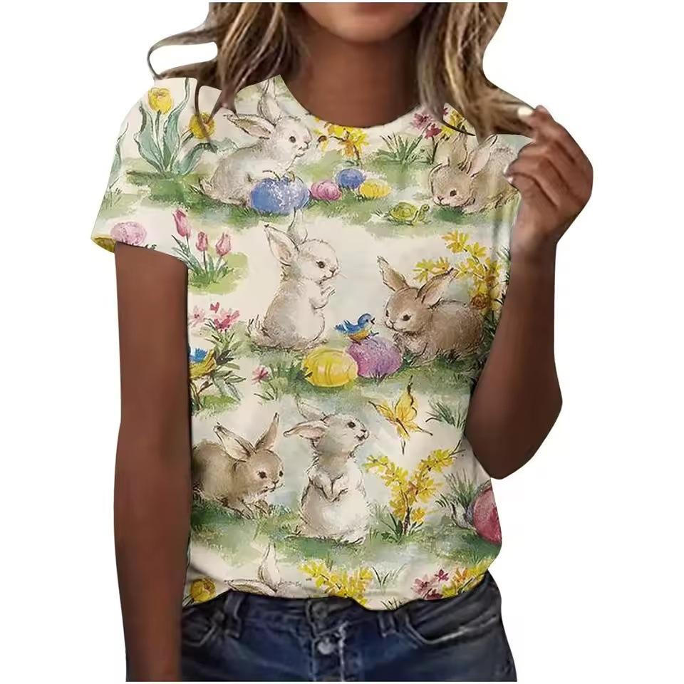 Rabbit Print Women's Top Crew Neck Short Sleeve Comfortable T-Shirts Women’s