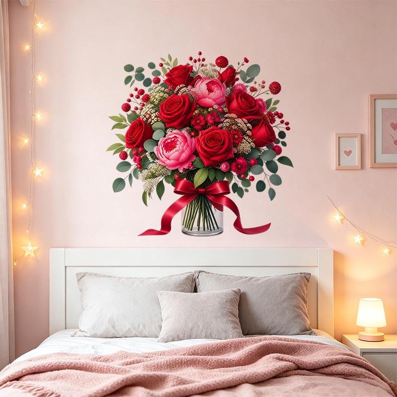 Valentine Rose Bouquet Vase Wall Sticker Self Adhesive Removable Dining Room Restaurant Decal Home Decor