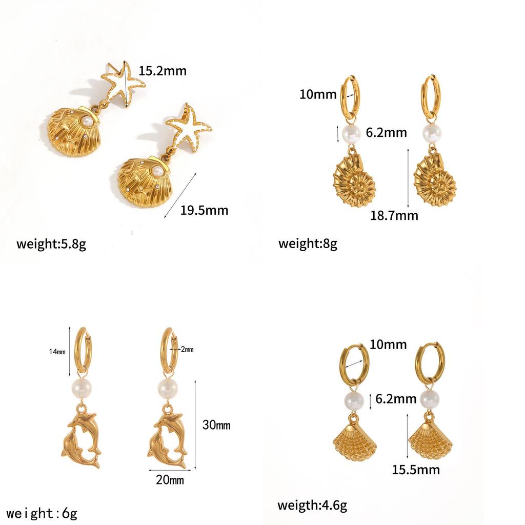 Brincos Série Oceano de Conchas e Cavalos-marinhos em Aço Inoxidável com Banhos de Ouro para Mulheres