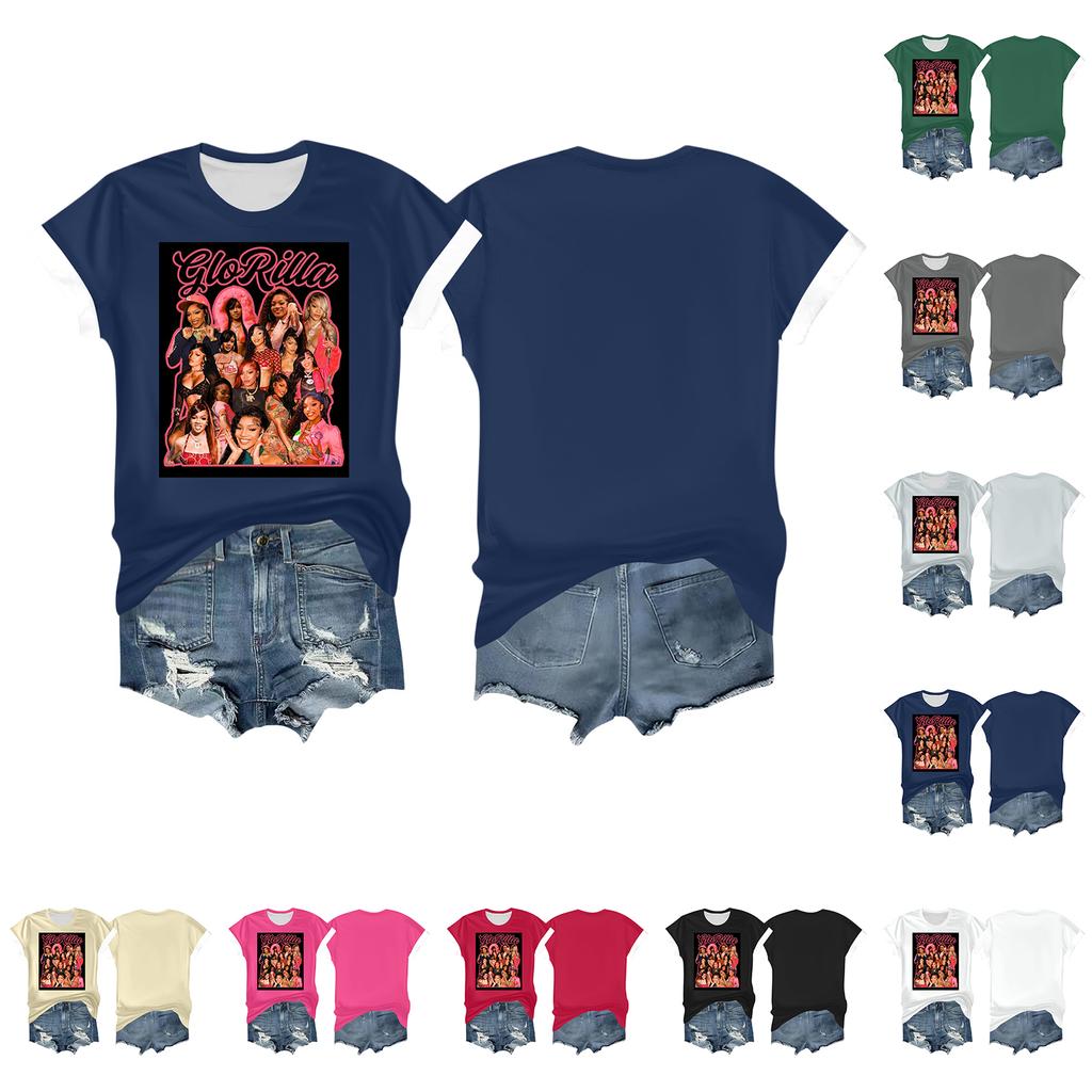 Kvinners avslappet trykket t-skjorte rund hals genser kort ermet topp