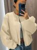 Women's Autumn/Winter Bomber Jacket - Round Neck, Drop Shoulder, Lantern Sleeve, Street Style Zip Cardigan