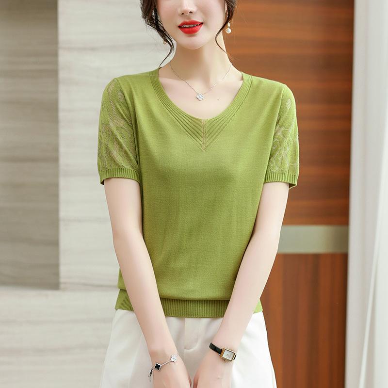 Sommer dünnes V-Ausschnitt Spitze elegantes Damen T-Shirt Allround