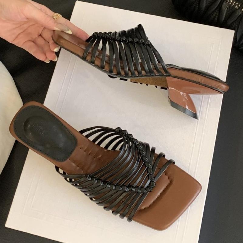 Fashion Retro Narrow Band Woven Slippers Women Fashion Square Toe Open Toe Slide Sandals Roman Style High Heeled Sandal Zapatos De Mujer