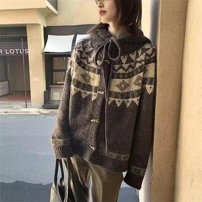Women's Autumn and Winter Cowl Button Jacquard Knit Cardigan Sweater