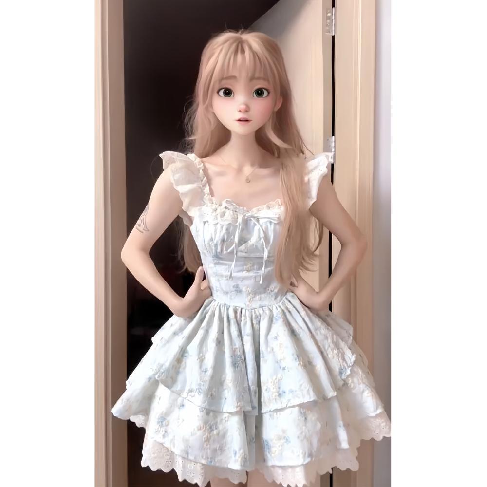 

Милое цветочное платье с короткими рукавами-фонариками для женщин, летнее маленькое платье, платье принцессы первой любви, пышное короткое платье с талией для женщин XL- (recommended 110-60kg) синий