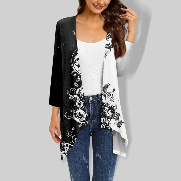 Women Cardigan Jacket With Pocket Three Quarter Sleeve Irregular Print