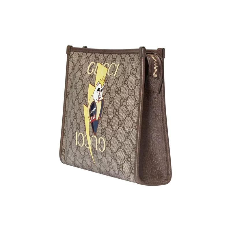 Gucci Bananya co-branded limited edition, printed brand logo, canvas leather trim, clutch, men's style, ebony color