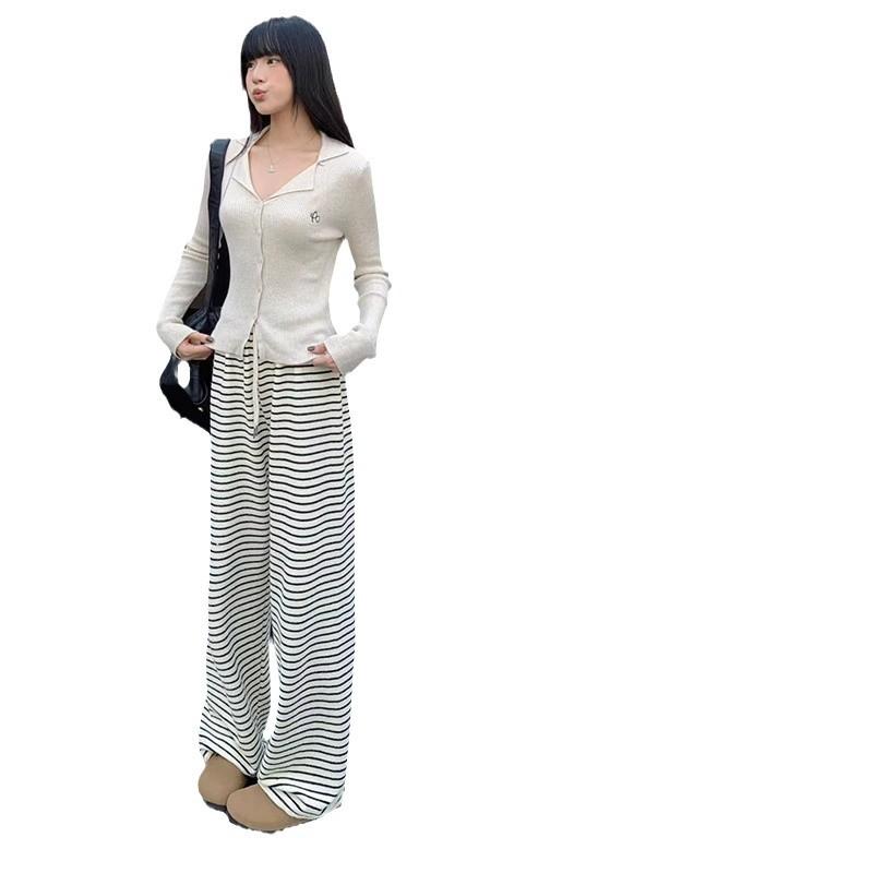 Petite 145 Fleece Striped Wide-Leg Pants - Autumn/Winter High-Waist Casual