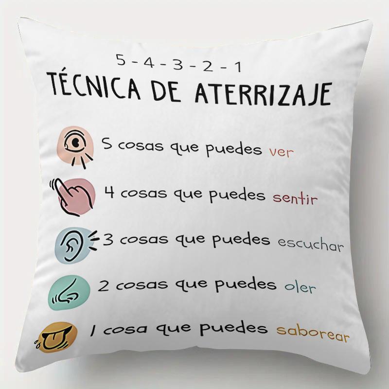 1Pc Spanish 5-4-3-2-1 Grounding Technique Pillow Cover, Polyester 2D Double Sided Print Cushion Case, Mental Health Throw Pillow