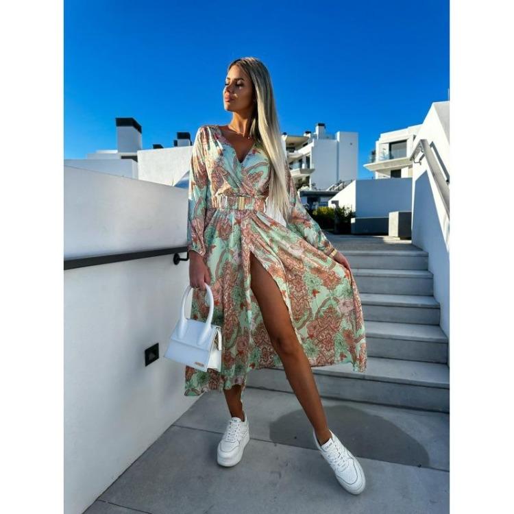 Boho Floral Print Long Dress Elegant Deep V Neck Long Sleeve High Split Swing Dress with Belt Women Beach Dresses Sexy