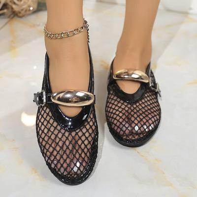 Mesh Flat Sandals for Women Open-Toe Flat Mary Jane Flats for Women Black Ballet Flats for Women Evening Shoes