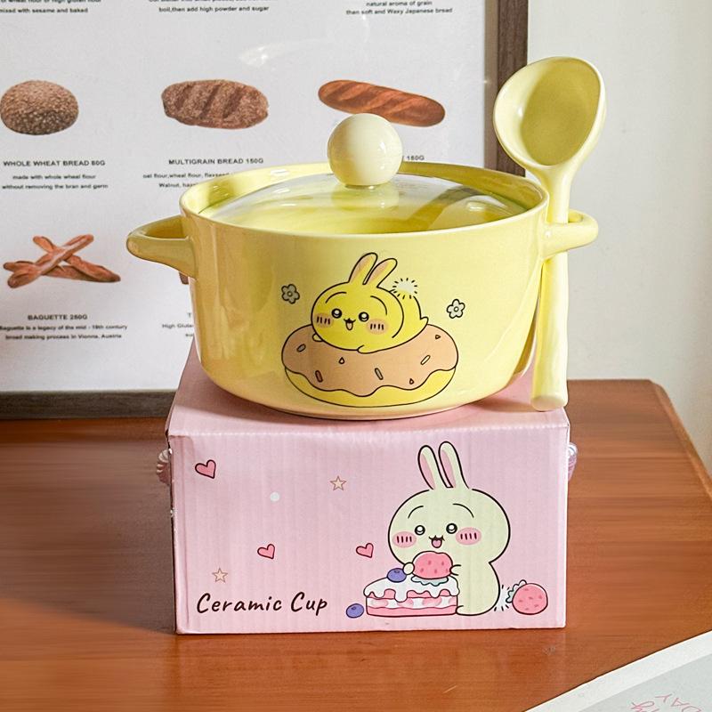 High-value Cute Tableware Ceramic Instant Noodle Bowl with Lid Children's Rice Bowl Student Dormitory Instant Noodle Bowl Binaural Soup Bowl