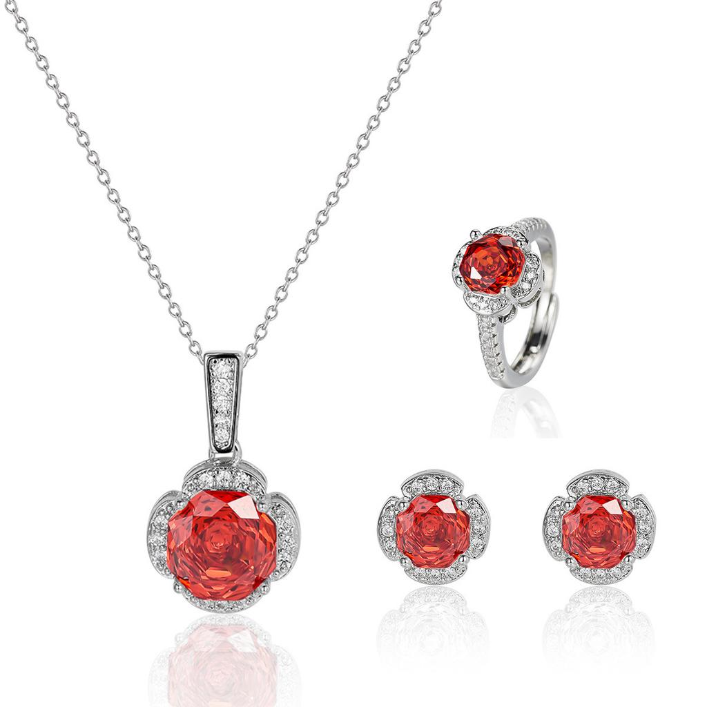 New Seiko Rose Cut Papalacha Zircon Necklace Earrings Color Treasure Ring Three-piece Set
