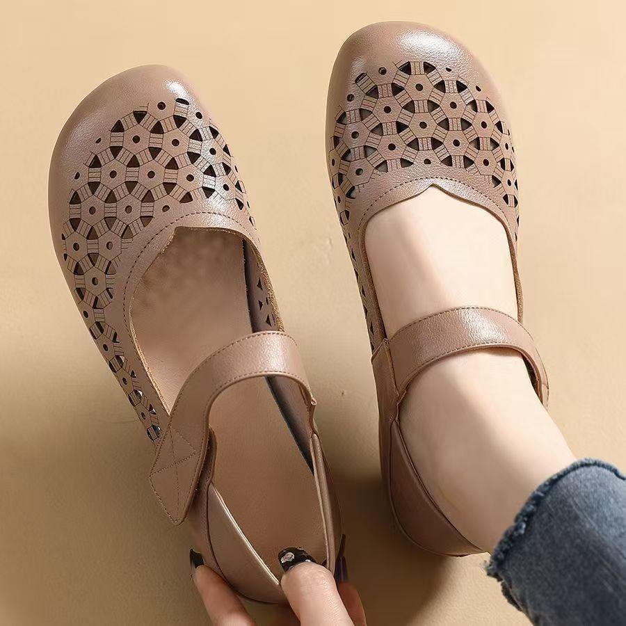 Women's Leather Baotou Hollow Out Flat Sole Sandals Summer New Soft Sole Breathable Velcro Lightweight Cave Shoes Elderly Sandal