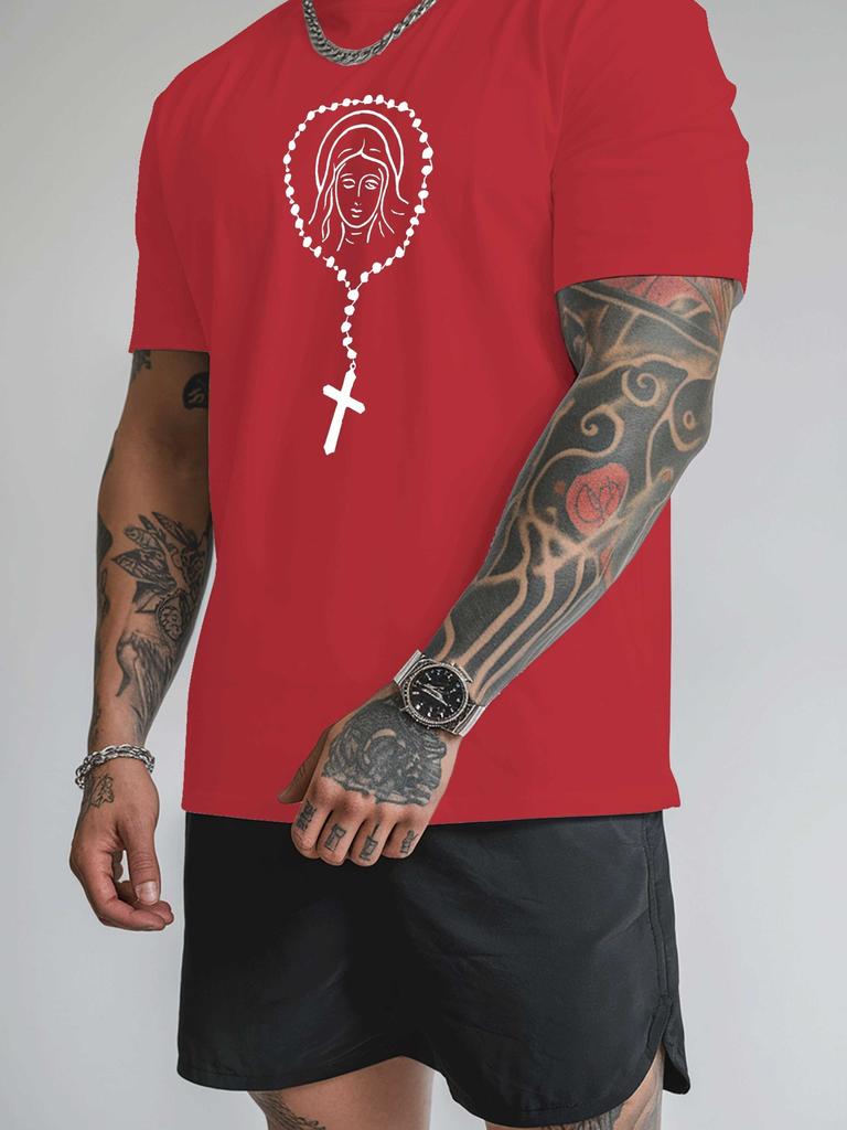 Unisex Short Sleeve Crew Neck Tee Virgin Mary Rosary Graphic Print Casual Lightweight T Shirt Religious Summer Daily Fashion Tops