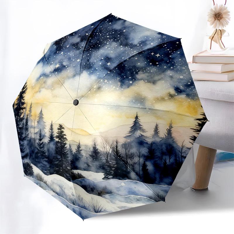 1pc winter snow Automatic Folding Umbrella, Heavy Duty 8 Rib Iron Frame, Suitable for Travel, Daily Use, Birthday, Decor Gift 03