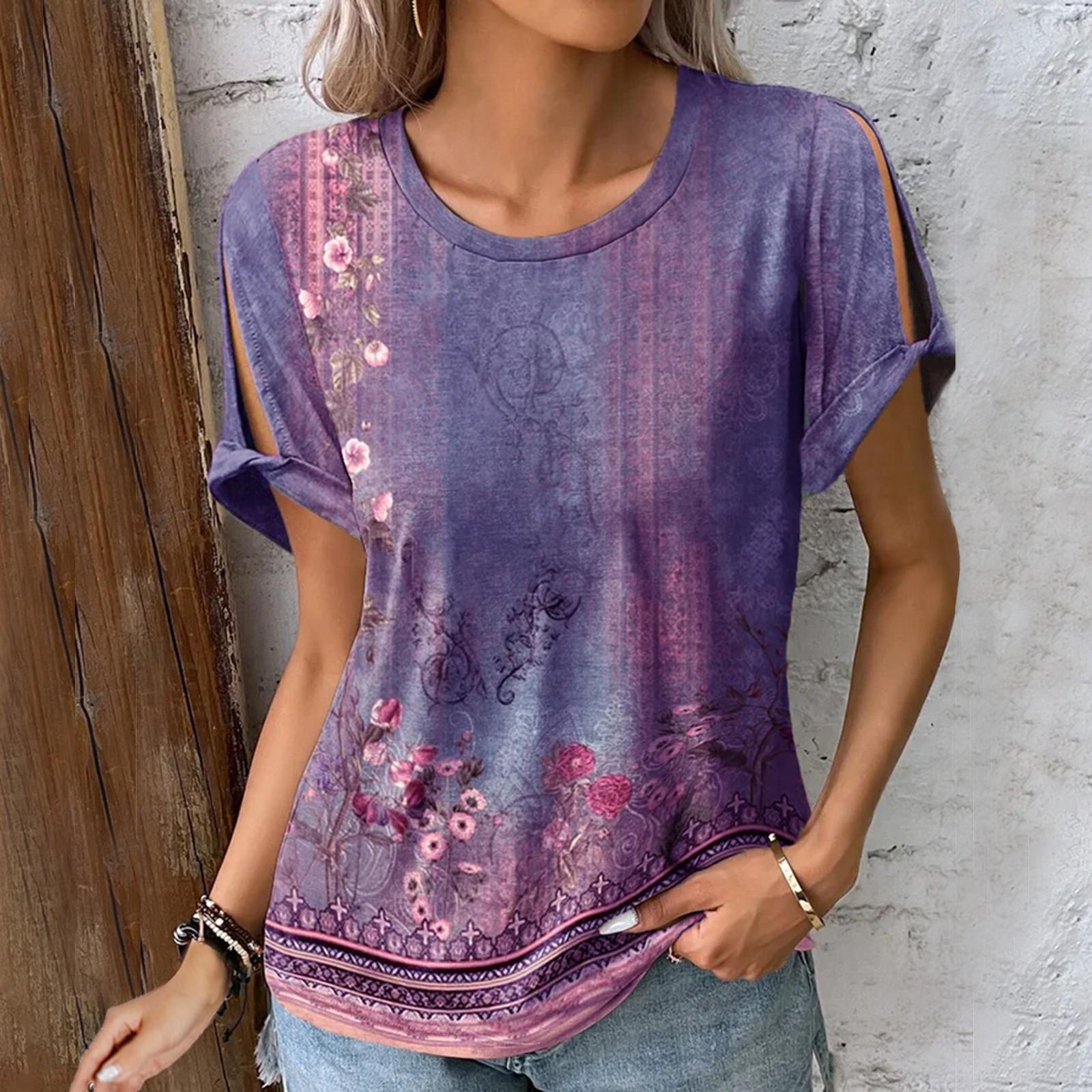 

Женские топы с круглым вырезом и полыми рукавами, короткие рукава, повседневные топы, летние топы для женщин XXXXXL фиолетовый