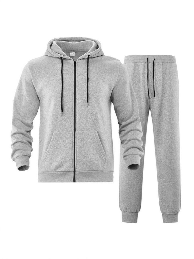 Men's Solid Color Fleece Tracksuit – Hooded, Long-Sleeved, Warm & Comfortable for Autumn/Winter.