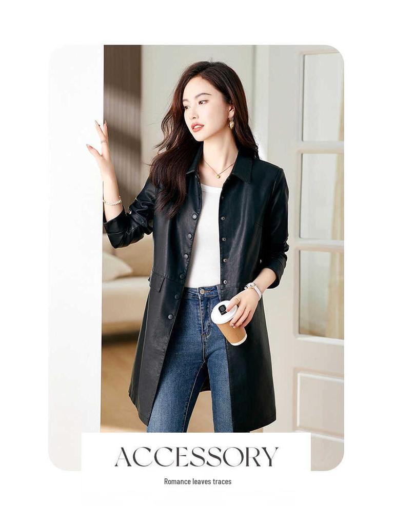 Women's High-End Slimming Lambskin Leather Jacket - Mid-Length Coat for Spring and Autumn