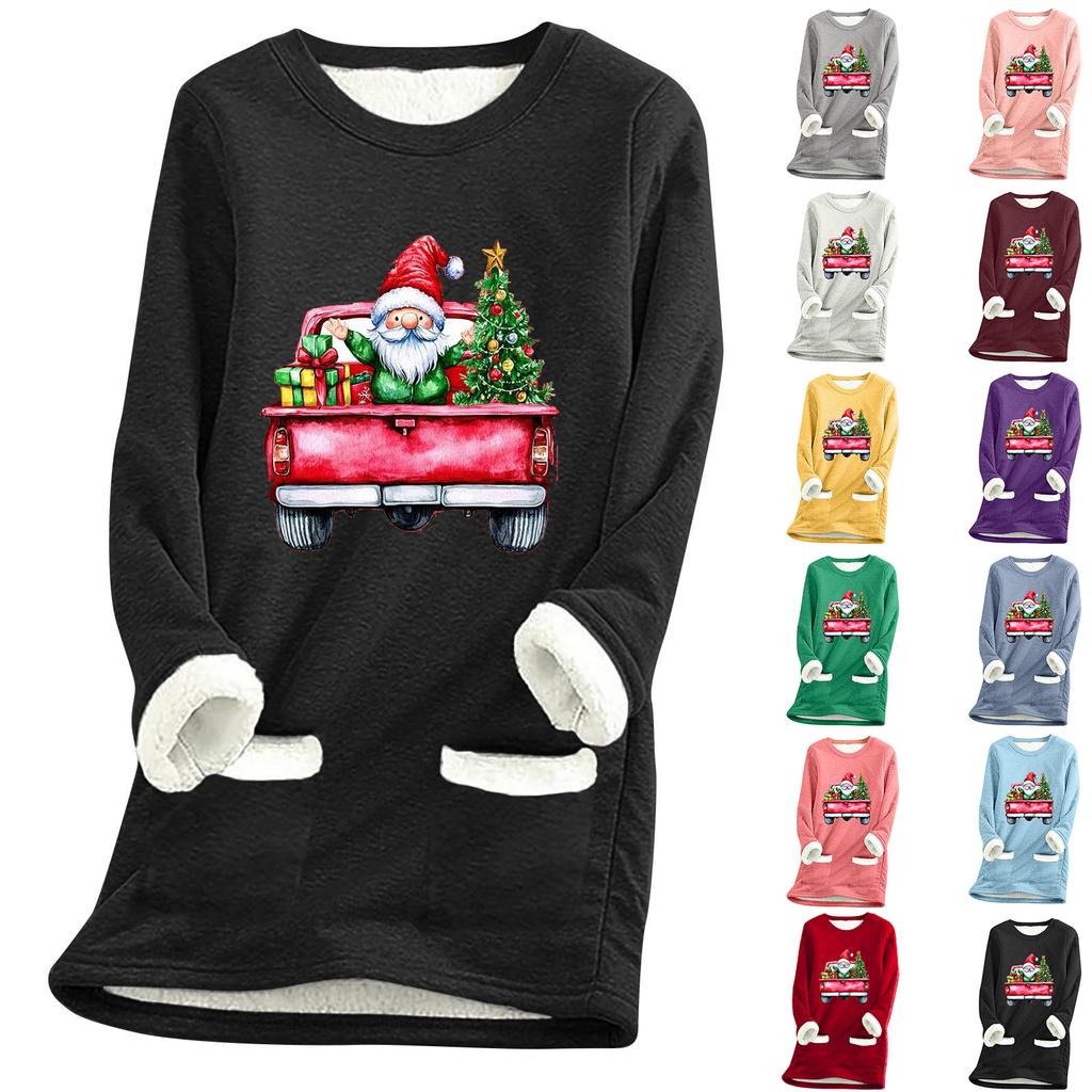 Ladies' Loose And Comfortable Round Neck Christmas Print Thick With Pockets Long Sleeved Top