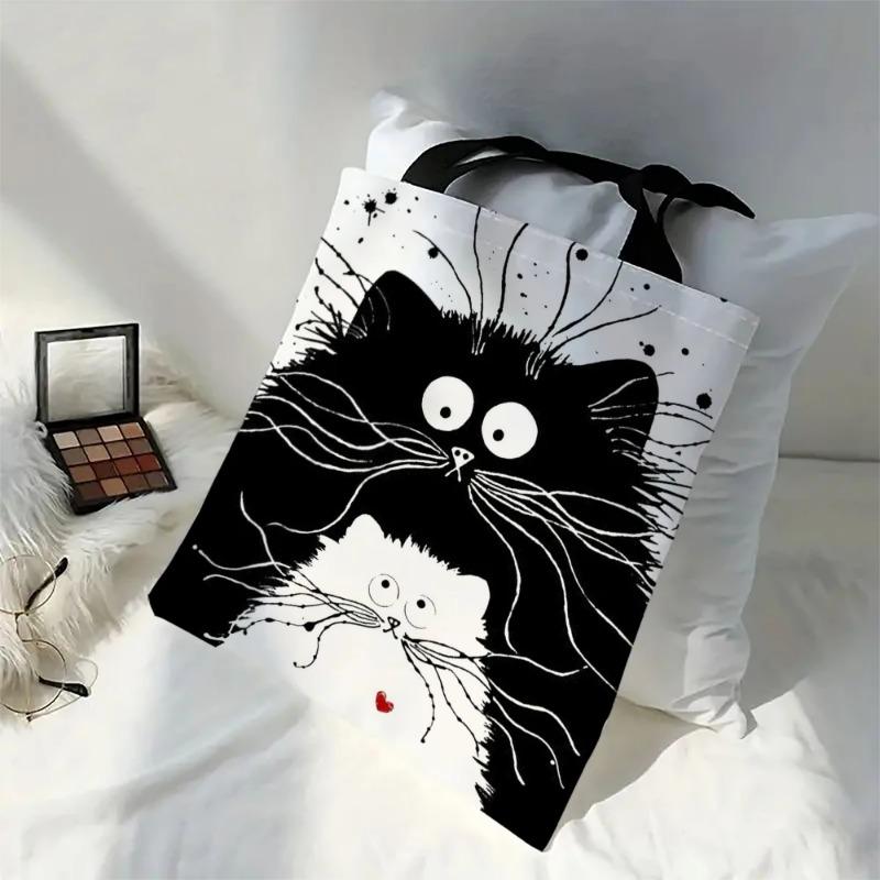 1pcs Linen Shopper Reusable Tote Cute Cats Print Grocery Storage Bag Portable Large Capacity Shoulder Bag Shoulder bag