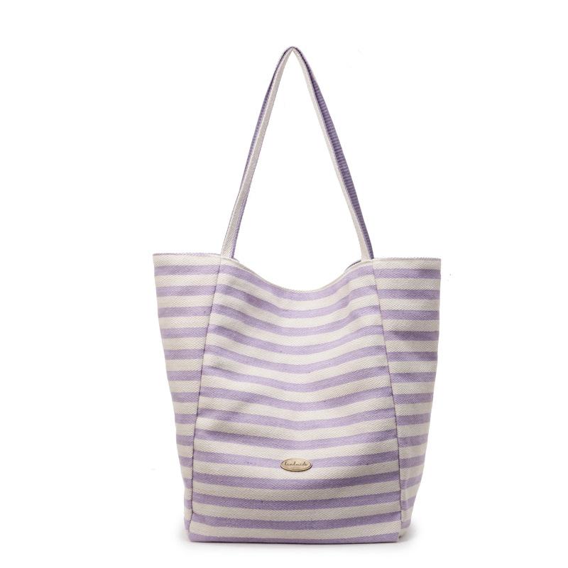 Summer striped canvas bag women's new double-sided shoulder underarm tote bag Korean portable shopping bag