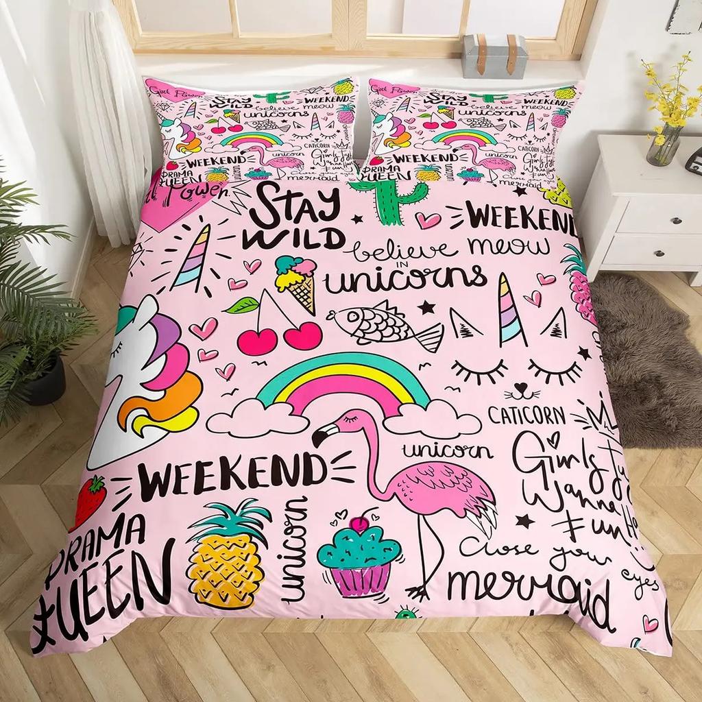 Comforter Cartoon Cat Unicorn Sweet Strawberry Milk Bedding Set Pet Animals Comforter Desserts Cakes Food