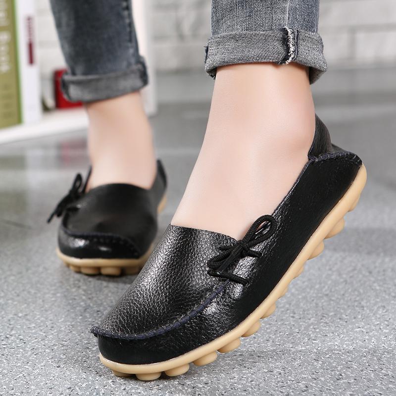 New Moccasins Women Flats Autumn Woman Loafers Genuine Leather Female Shoes Slip On Ballet Bowtie Women's Shoes Big Size