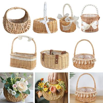 Willow Rattan Flower Girl Baskets Yellow Sturdy Flower Arrangement Basket Picnic Container Storage With Handle
