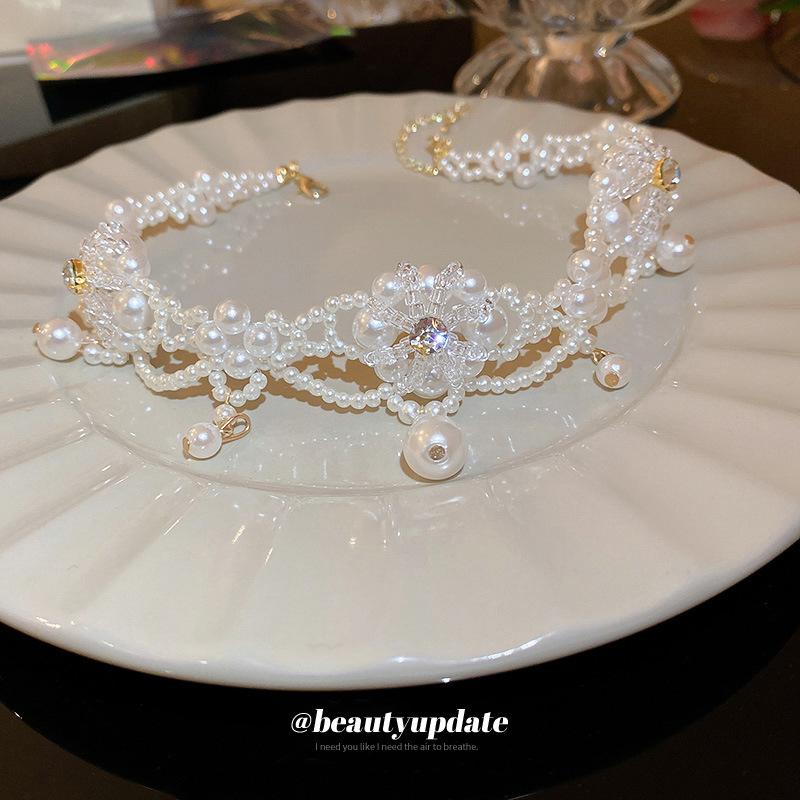 Diamond-set Artificial Pearl Crystal Flower Necklace French Neck Chain Collarbone Chain Light Luxury Necklace Women