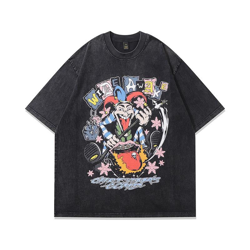 Harajuku Retro Japanese Two-Dimensional Cartoon Printing Washed And Old Heavy Cotton Short-Sleeved T-Shirt Trendy Men And Women