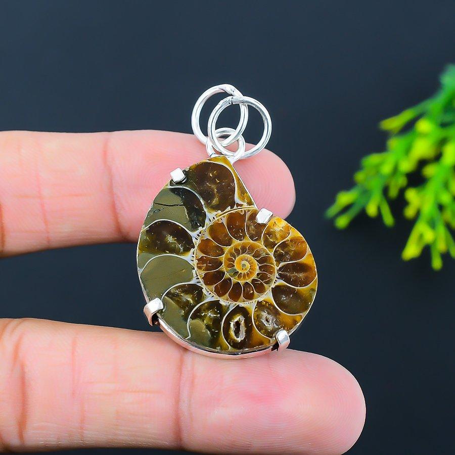 Natural Ammonite Fossil Gemstone Handmade 925 Sterling Silver Pendant 1.89" I9j15