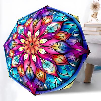 1pc Mandala StainedGlass Automatic Open/Close Umbrella, Portable Folding Umbrella, Compact Travel Umbrella For003