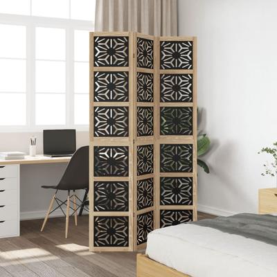 3 Piece Room Divider In Brown and Black Solid Paulownia Wood