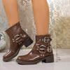 Studded Metal Buckle Platform Non-Slip Single Boots Women's Fashion Round Toe Sleeve Block Heel Booties