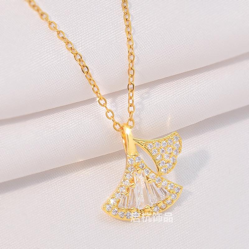 Full Diamond Ginkgo Leaf Necklace Women'S Premium Temperament Versatile Zircon Pendant Delicate Necklace