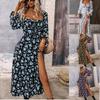 Abito con scollo quadrato e gonna stampata, abito lungo senza schienale in stile bohémien, elegante abito a maniche lunghe, abito casual da donna